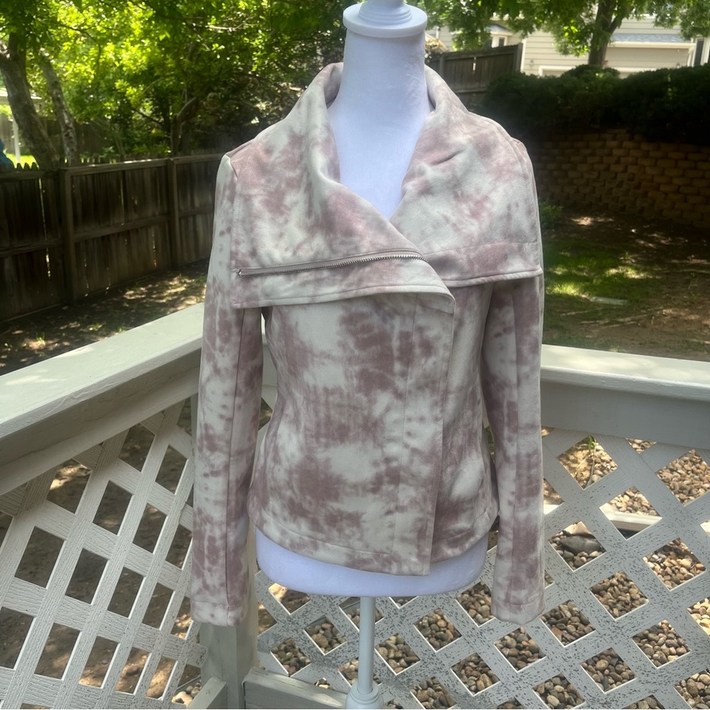 Bagatelle Pink Rose TieDye Asymmetrical Zip Faux Suede Moto Short Jacket XS Crop - Picture 14 of 16